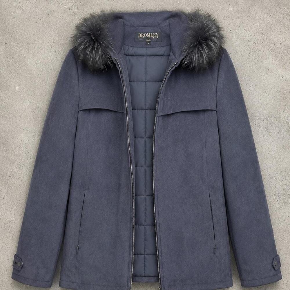 Bromley Sport Navy Fox Fur Trim Hood Thermolite Winter Coat – Women's Large - Picture 2 of 5
